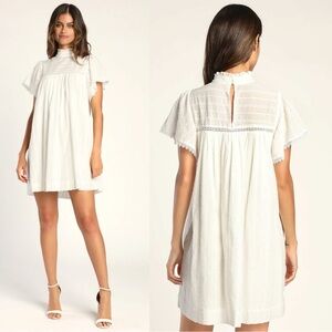 Lulus Romance to Remember White Ruffled Mock Neck Babydoll Mini Dress-size S-NWT